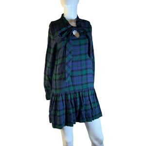 Zara Blue Green Plaid Preppy Dropwaist Tie Neck Long Sleeve Flannel Dress S